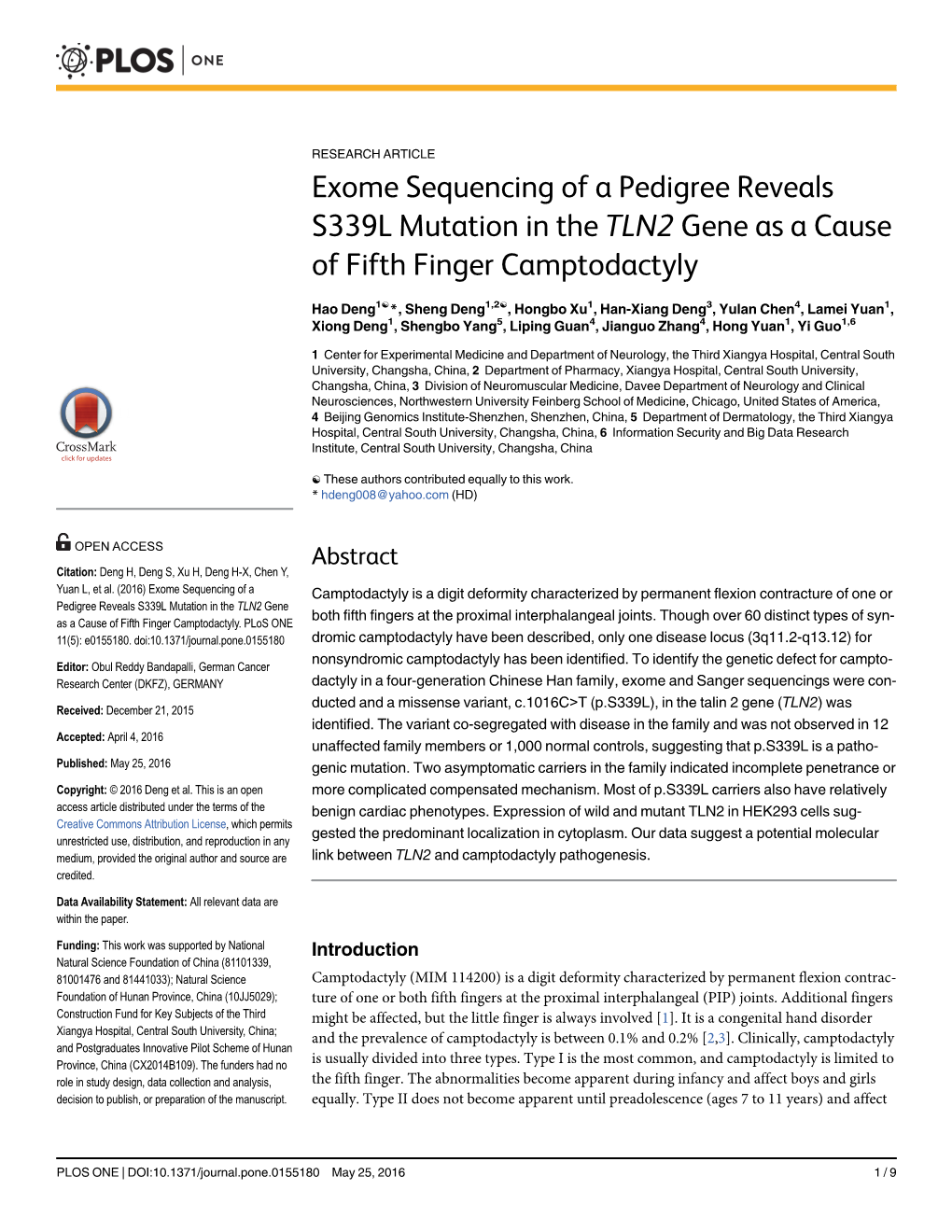 Exome Sequencing of a Pedigree Reveals S339L Mutation in the TLN2 Gene As a Cause of Fifth Finger Camptodactyly