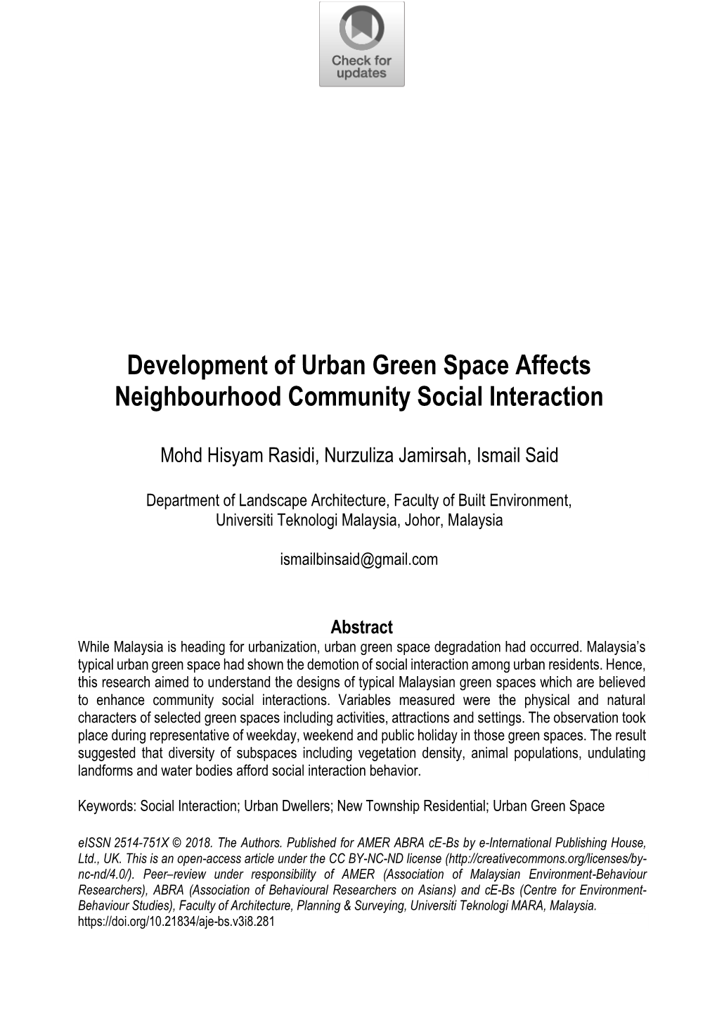 Development of Urban Green Space Affects Neighbourhood Community Social Interaction