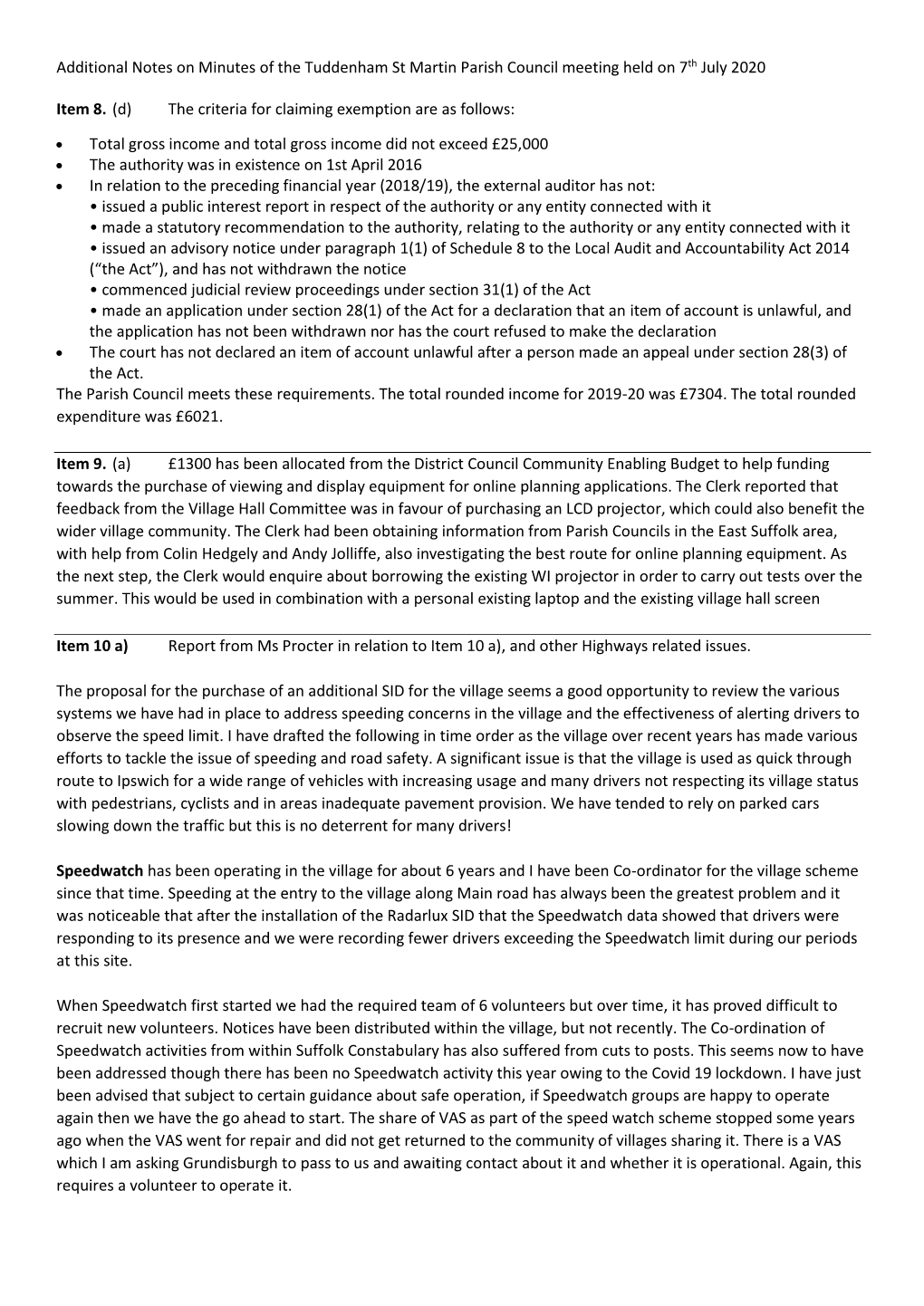 Additional Notes on Minutes of the Tuddenham St Martin Parish Council Meeting Held on 7Th July 2020