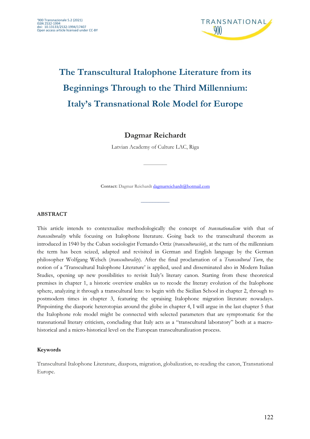 The Transcultural Italophone Literature from Its Beginnings Through to the Third Millennium: Italy’S Transnational Role Model for Europe