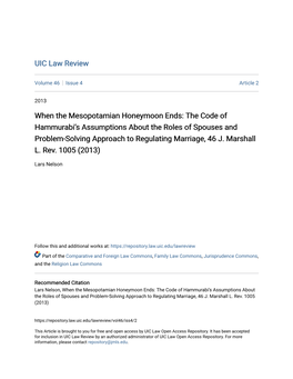 When the Mesopotamian Honeymoon Ends: the Code of Hammurabi’S Assumptions About the Roles of Spouses and Problem-Solving Approach to Regulating Marriage, 46 J