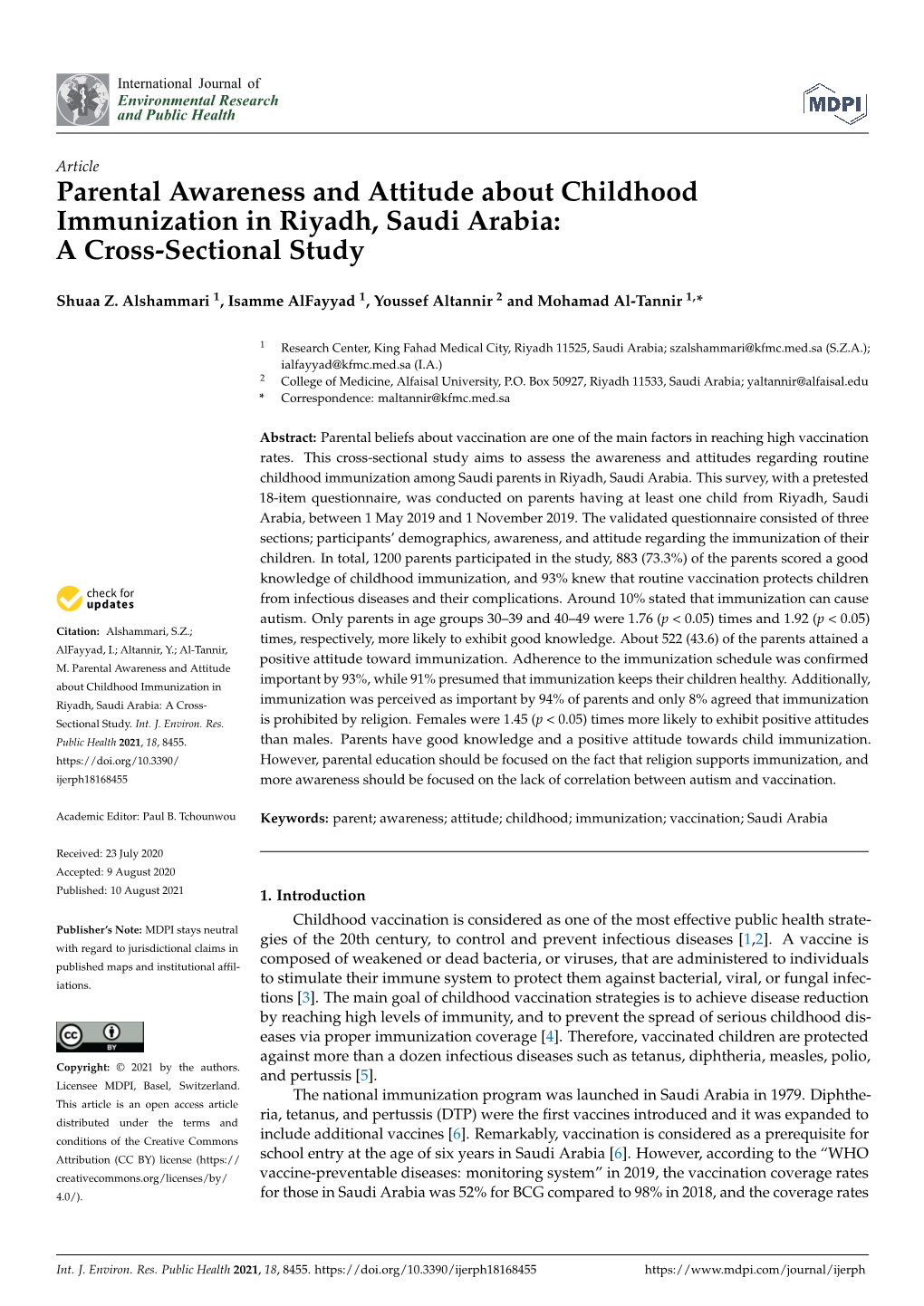 Parental Awareness and Attitude About Childhood Immunization in Riyadh, Saudi Arabia: a Cross-Sectional Study