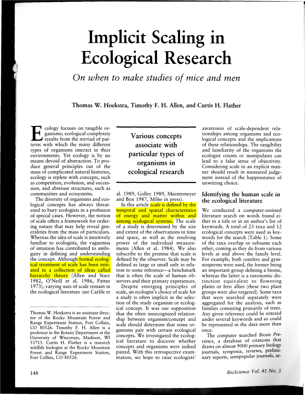 Implicit Scaling in Ecological Research on When to Make Studies of Mice and Men