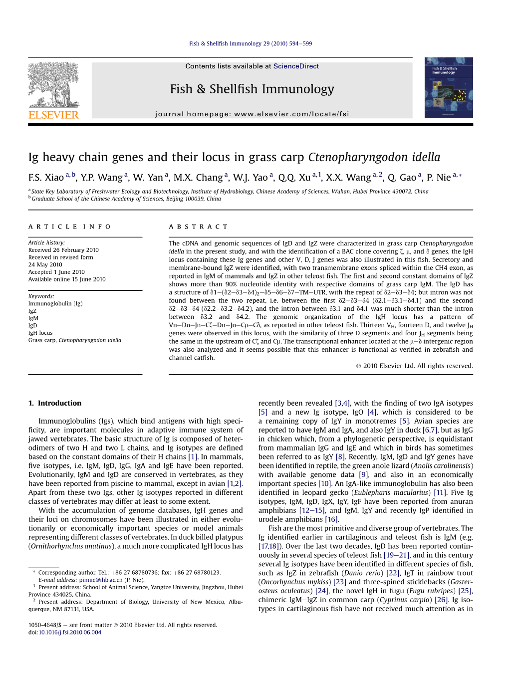 Ig Heavy Chain Genes and Their Locus in Grass Carp Ctenopharyngodon Idella