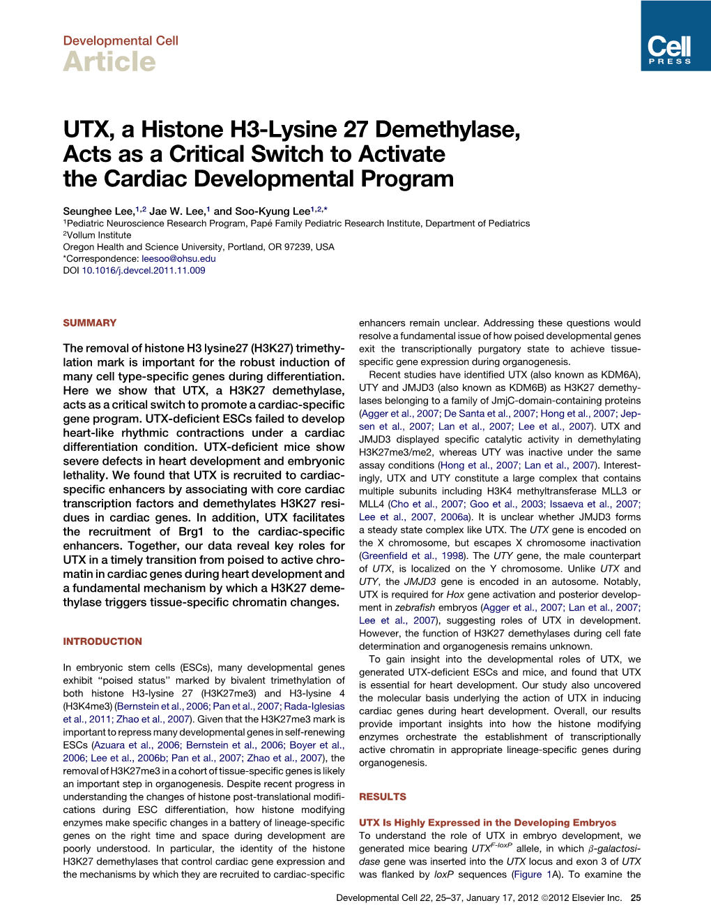 UTX, a Histone H3-Lysine 27 Demethylase, Acts As a Critical Switch to Activate the Cardiac Developmental Program