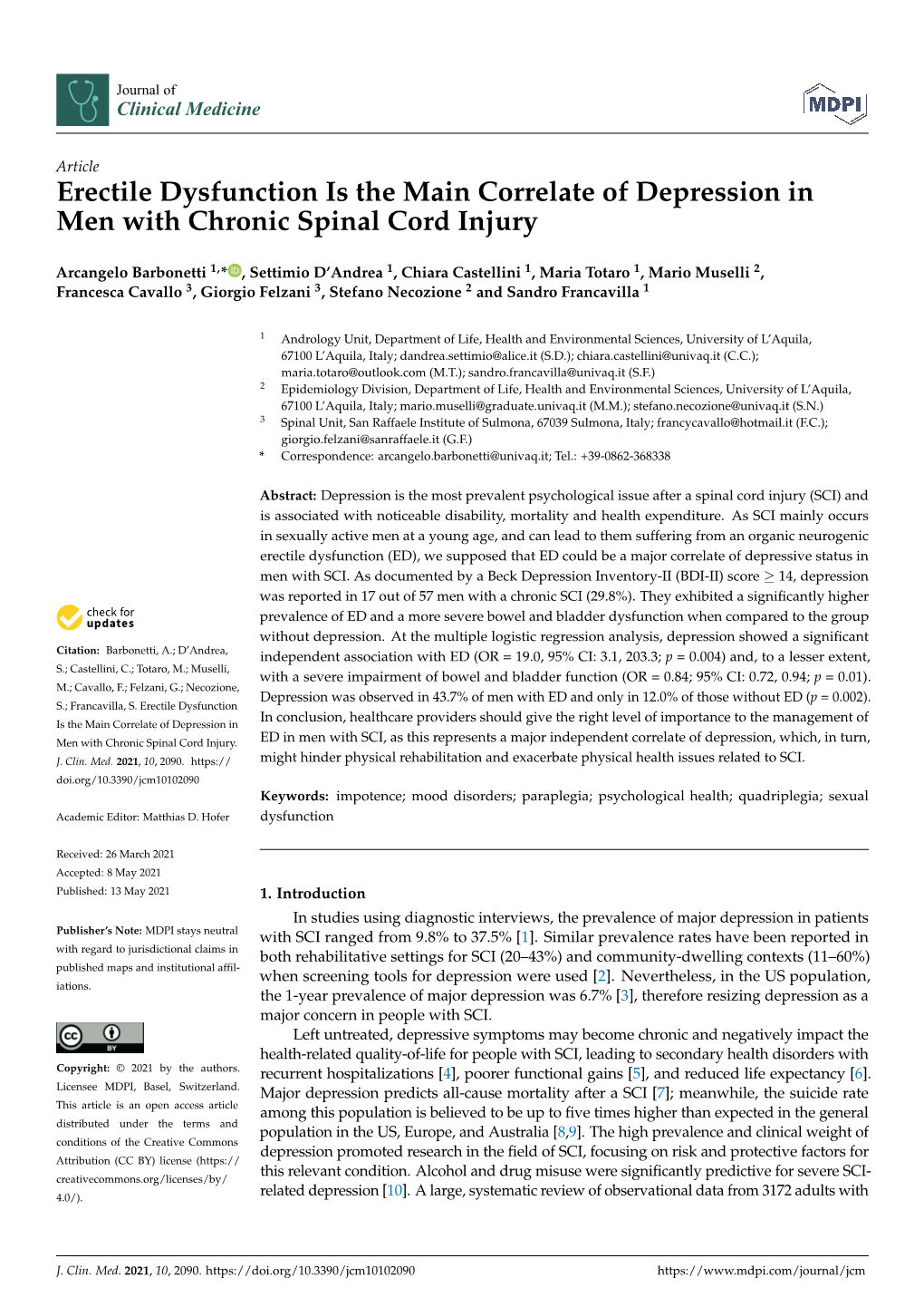 Erectile Dysfunction Is the Main Correlate of Depression in Men with Chronic Spinal Cord Injury