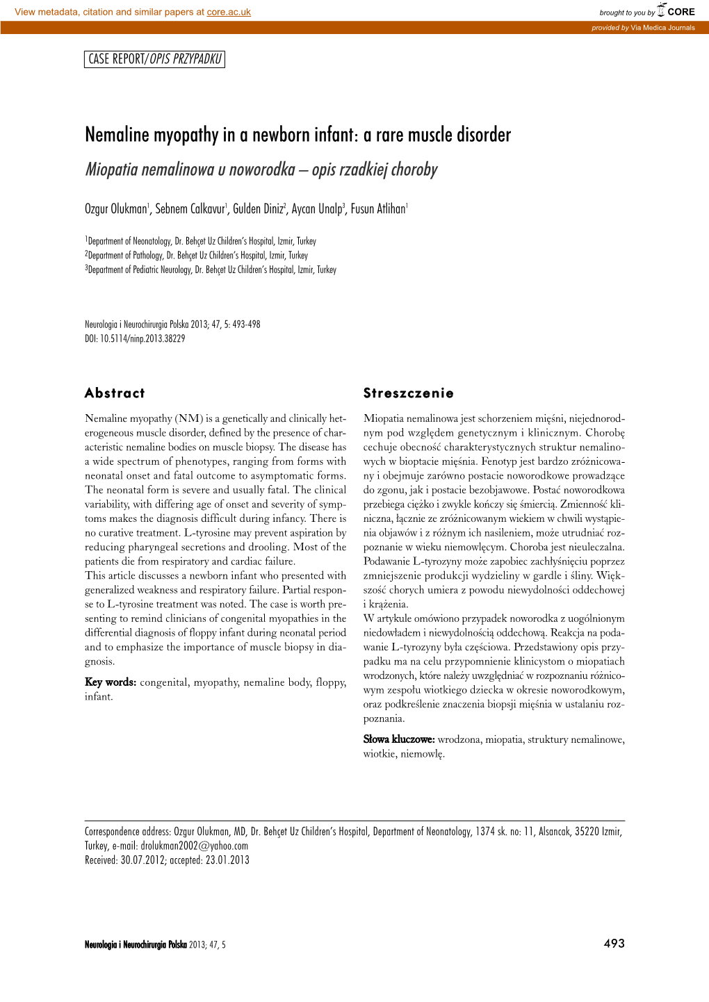 Nemaline Myopathy in a Newborn Infant: a Rare Muscle Disorder Miopatia Nemalinowa U Noworodka – Opis Rzadkiej Choroby