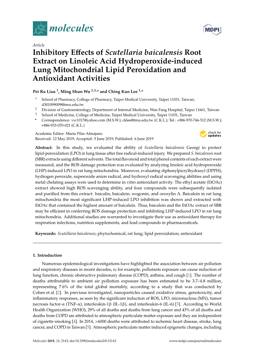 Inhibitory Effects of Scutellaria Baicalensis Root Extract on Linoleic