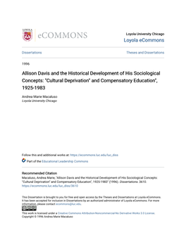 Allison Davis and the Historical Development of His Sociological Concepts: "Cultural Deprivation" and Compensatory Education", 1925-1983