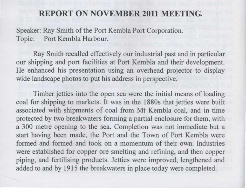 Report on November 2011 Meeting : Port Kembla Harbour