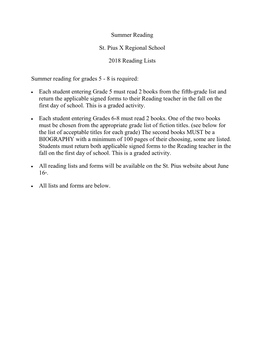 Summer Reading St. Pius X Regional School 2018 Reading Lists Summer Reading for Grades 5