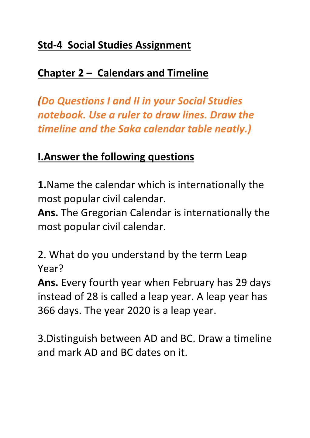 Std-4 Social Studies Assignment Chapter 2 – Calendars and Timeline