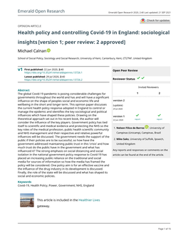 Health Policy and Controlling Covid-19 in England: Sociological Insights [Version 1; Peer Review: 2 Approved]