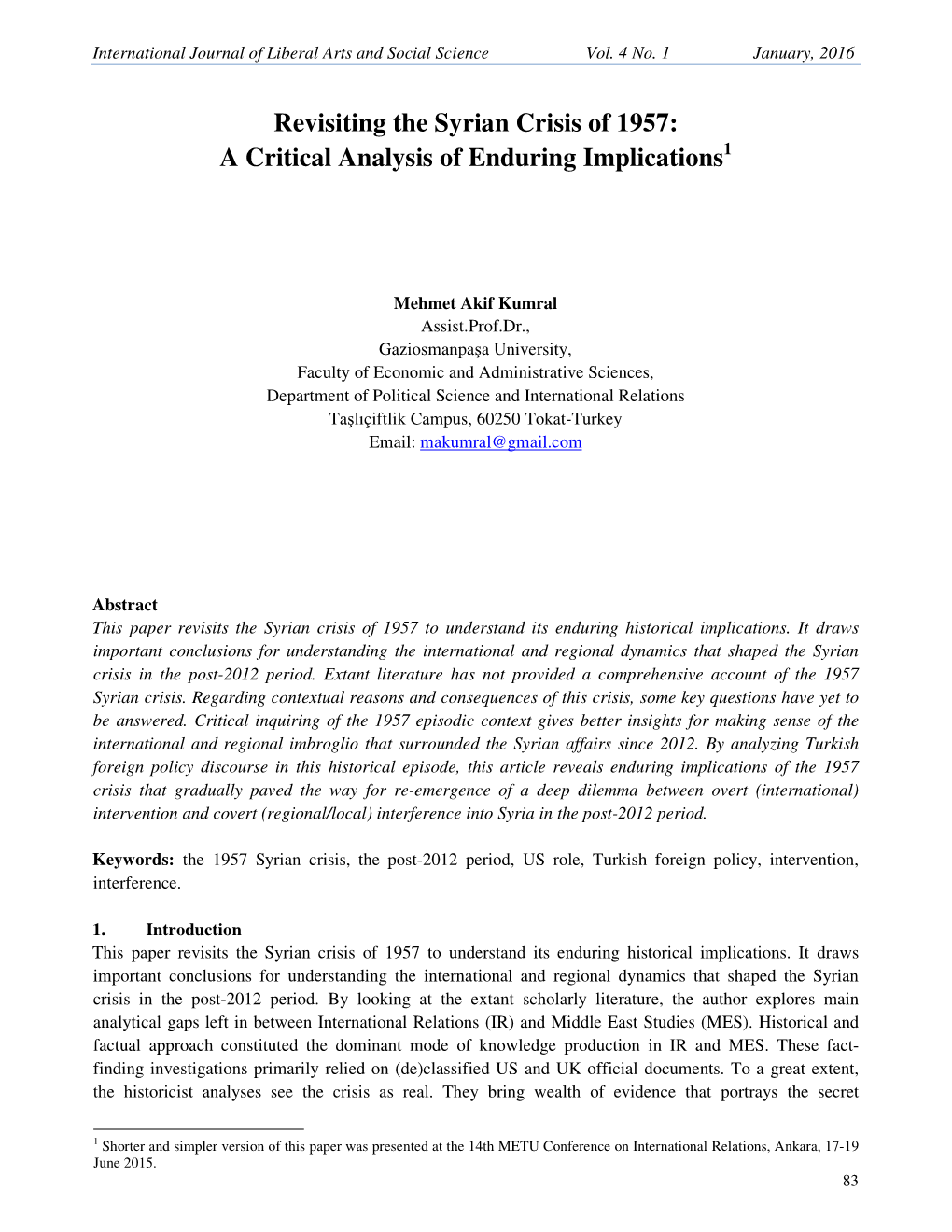 Revisiting the Syrian Crisis of 1957: a Critical Analysis of Enduring Implications1