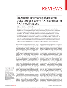 Epigenetic Inheritance of Acquired Traits Through Sperm Rnas and Sperm RNA Modifications