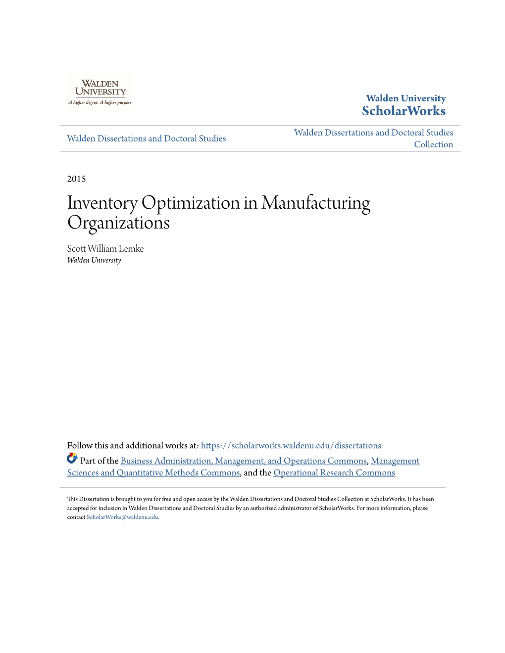 Inventory Optimization in Manufacturing Organizations Scott Iw Lliam Lemke Walden University