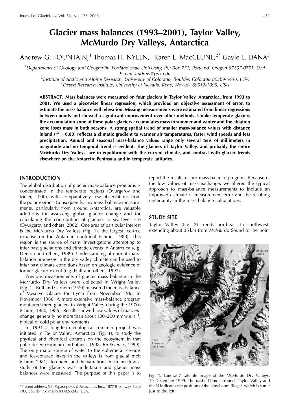 Glacier Mass Balances (1993–2001), Taylor Valley, Mcmurdo Dry Valleys, Antarctica