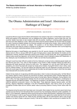 The Obama Administration and Israel: Aberration Or Harbinger of Change? Written by Jonathan Sciarcon