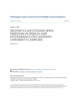 SECOND-CLASS CITIZENS: JEWS, FREEDOM of SPEECH, and INTOLERANCE on CANADIAN UNIVERSITY CAMPUSES Stefan Braun