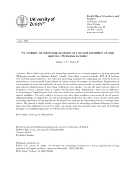 No Evidence for Inbreeding Avoidance in a Natural Population of Song Sparrows (Melospiza Melodia)