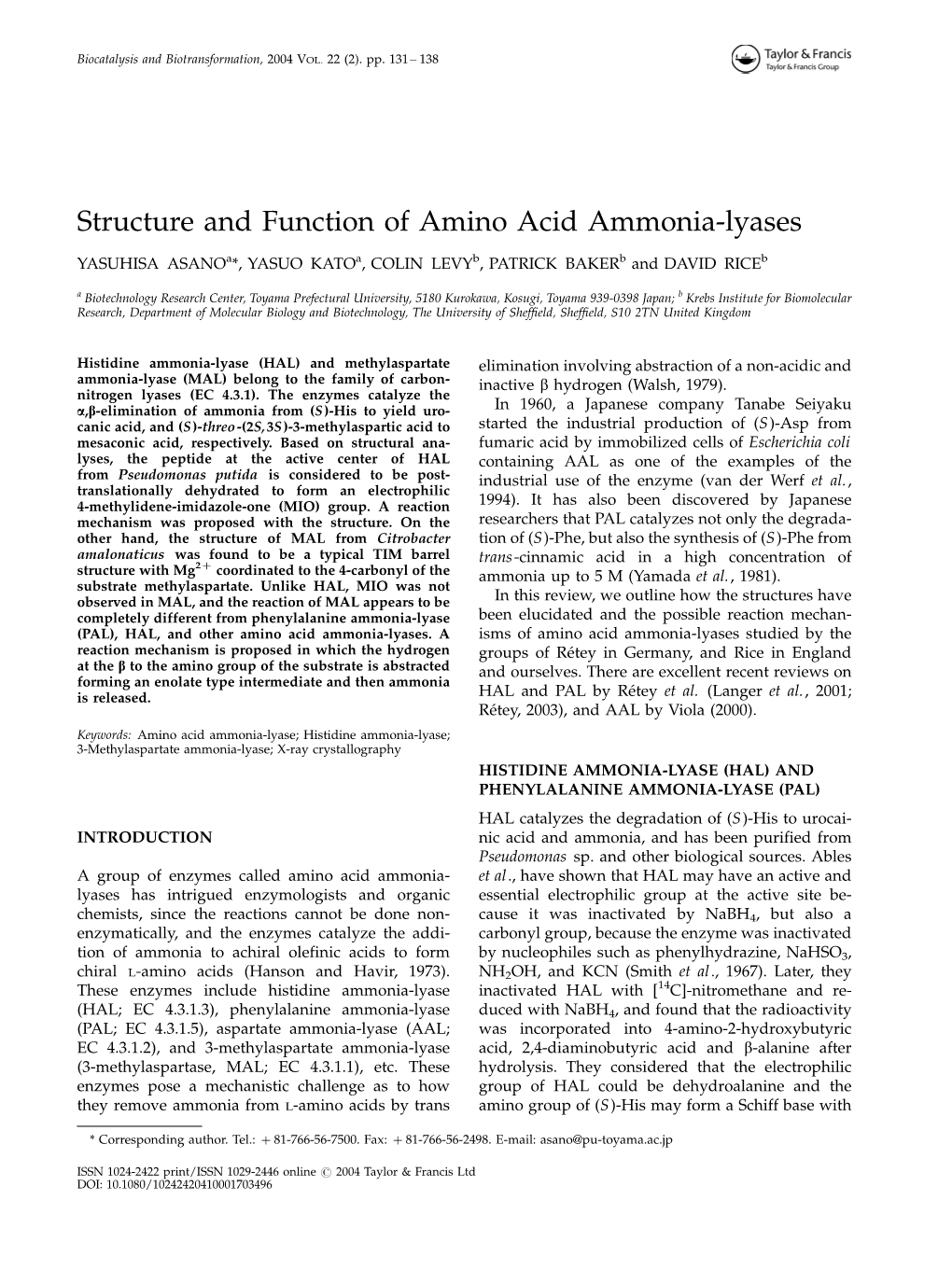 Structure and Function of Amino Acid Ammonia-Lyases