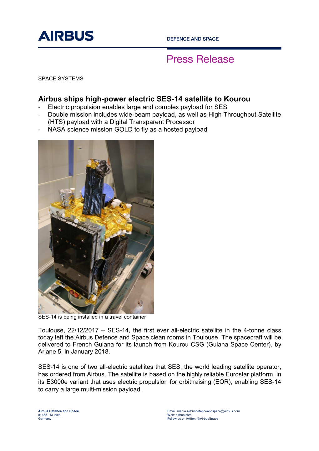 Airbus Ships High-Power Electric SES-14 Satellite to Kourou