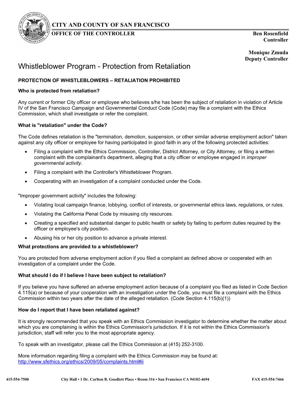 Whistleblower Program - Protection from Retaliation