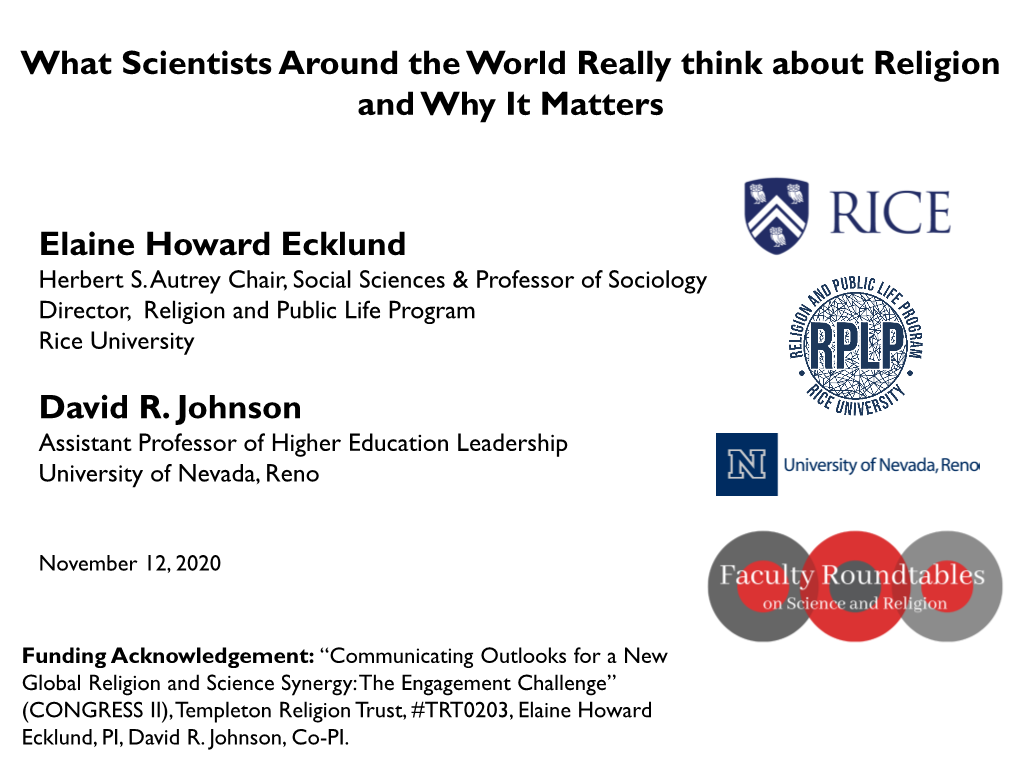 Elaine Howard Ecklund David R. Johnson What Scientists Around