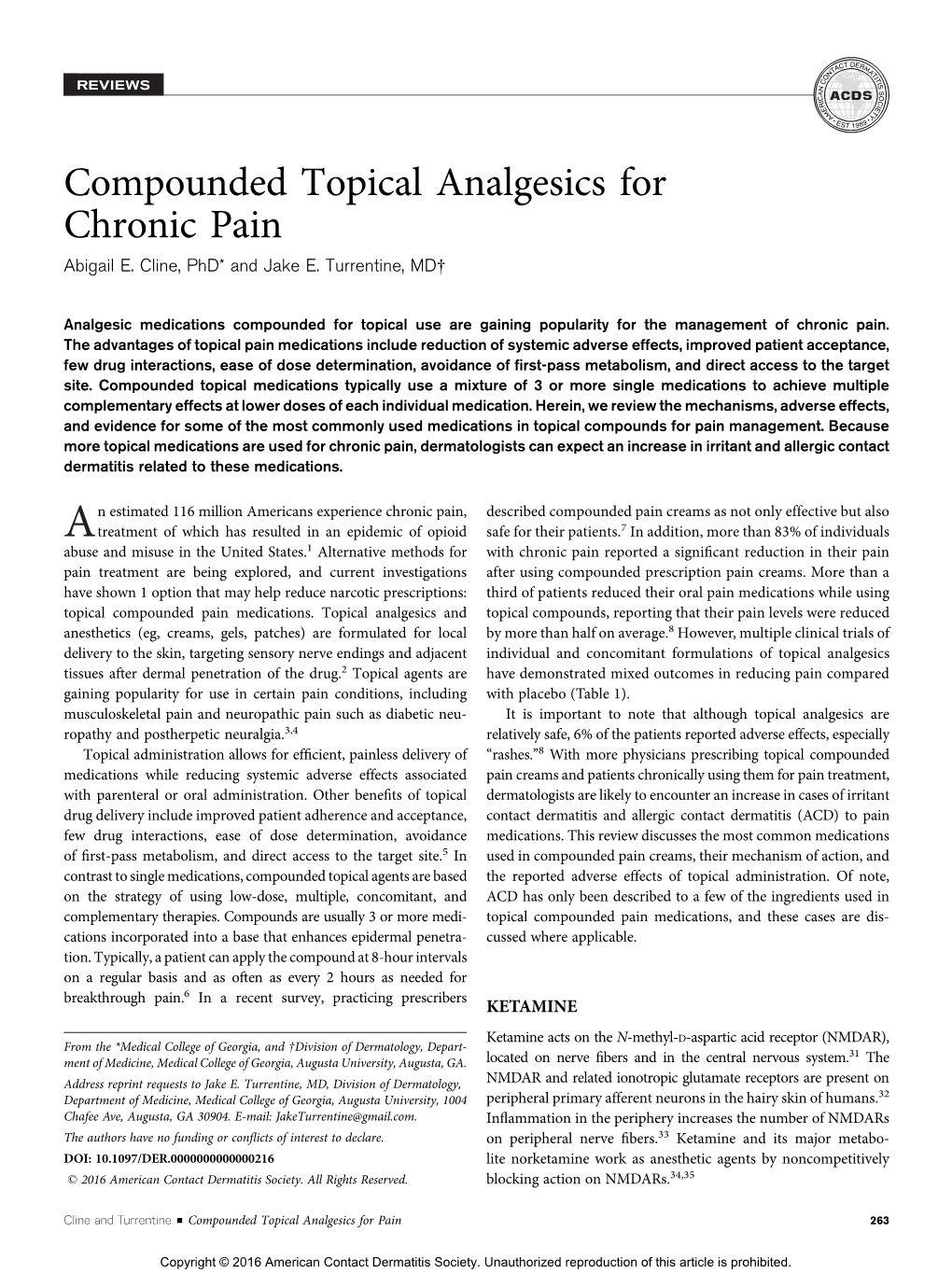 Compounded Topical Analgesics for Chronic Pain Abigail E