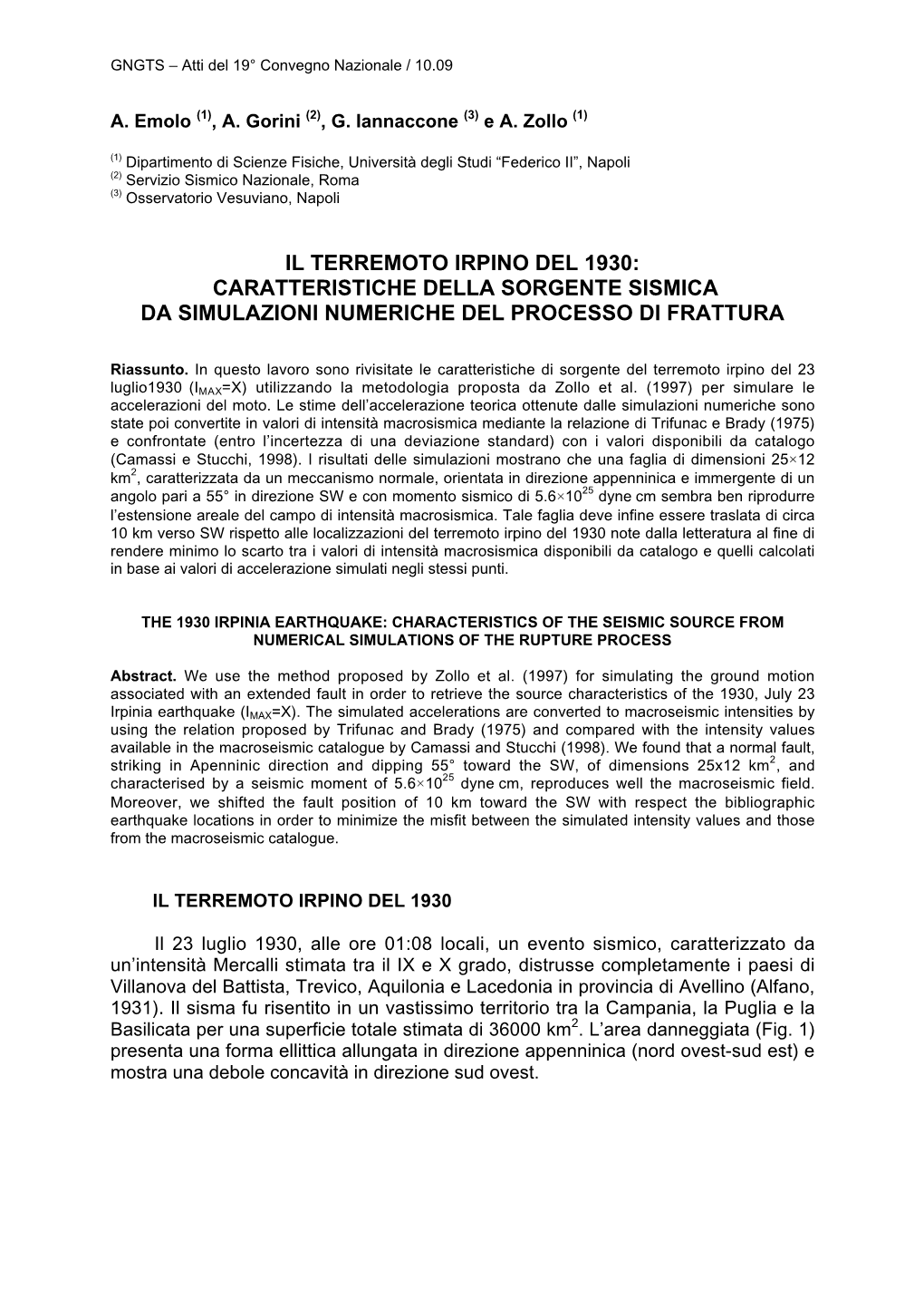 Il Terremoto Irpino Del 1930: Caratteristiche Della Sorgente Sismica Da Simulazioni Numeriche Del Processo Di Frattura