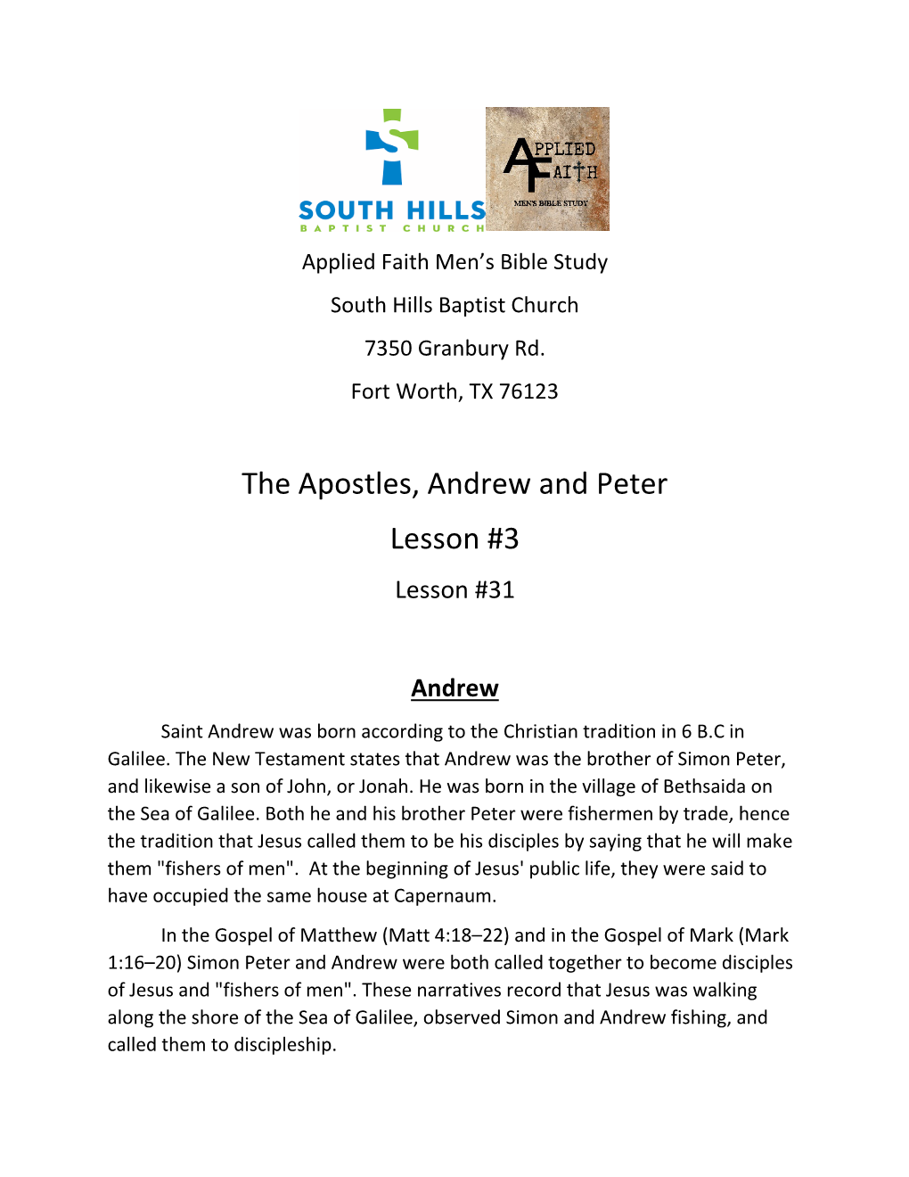 The Apostles, Andrew and Peter Lesson #3 Lesson #31