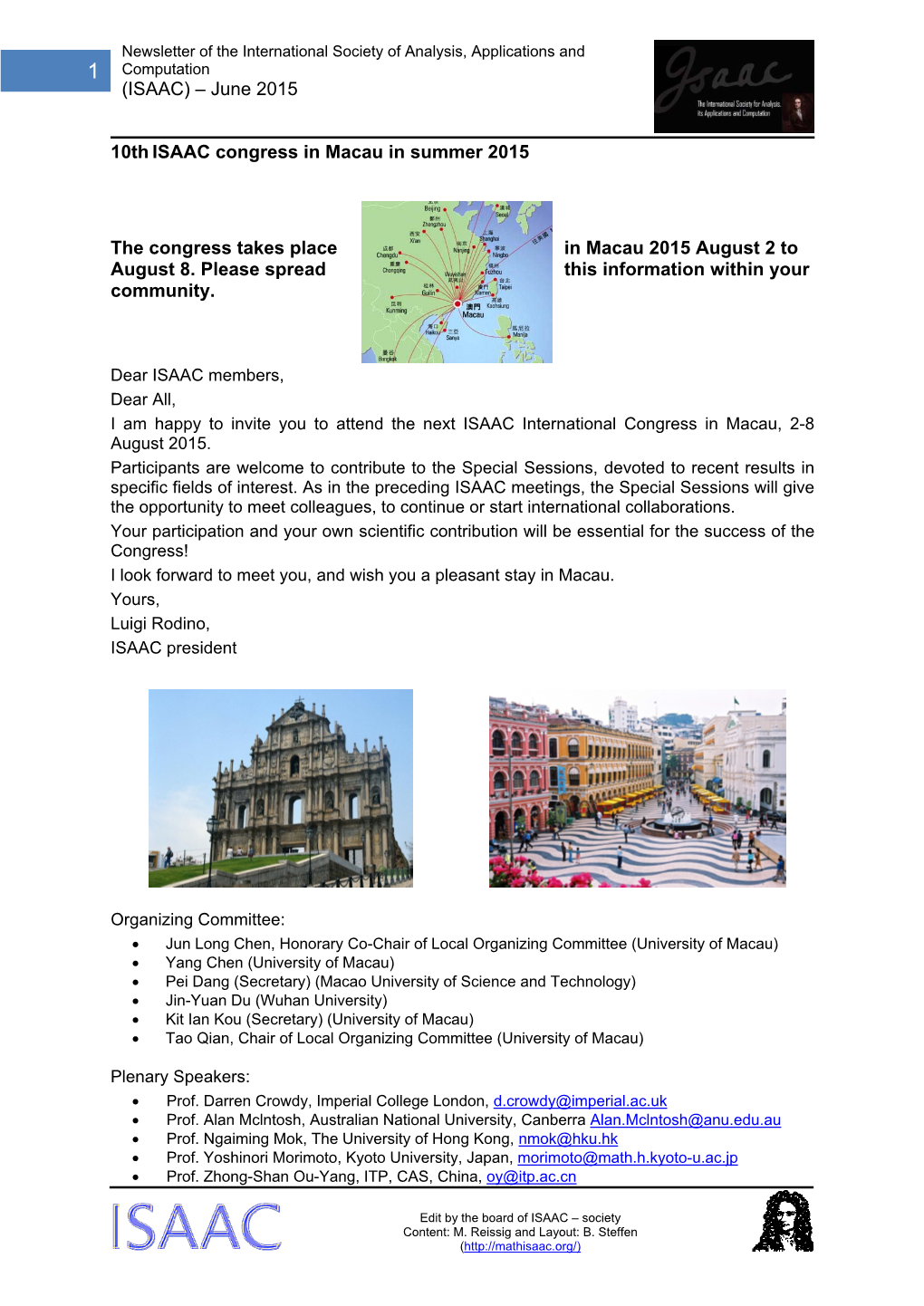 (ISAAC) – June 2015 10Th ISAAC Congress in Macau in Summer 2015