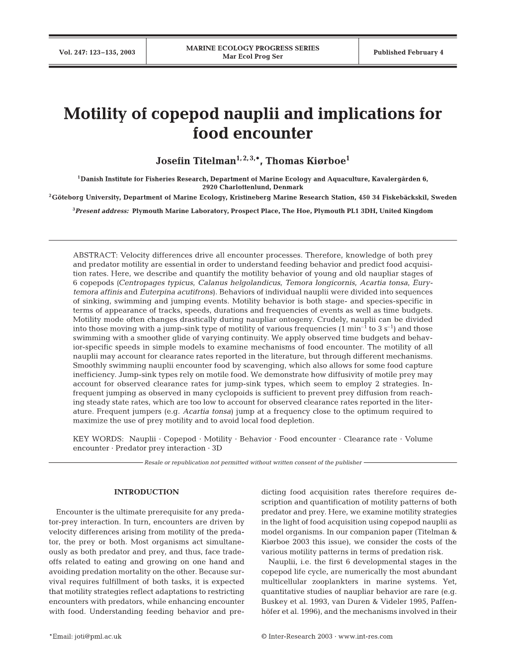 Motility of Copepod Nauplii and Implications for Food Encounter