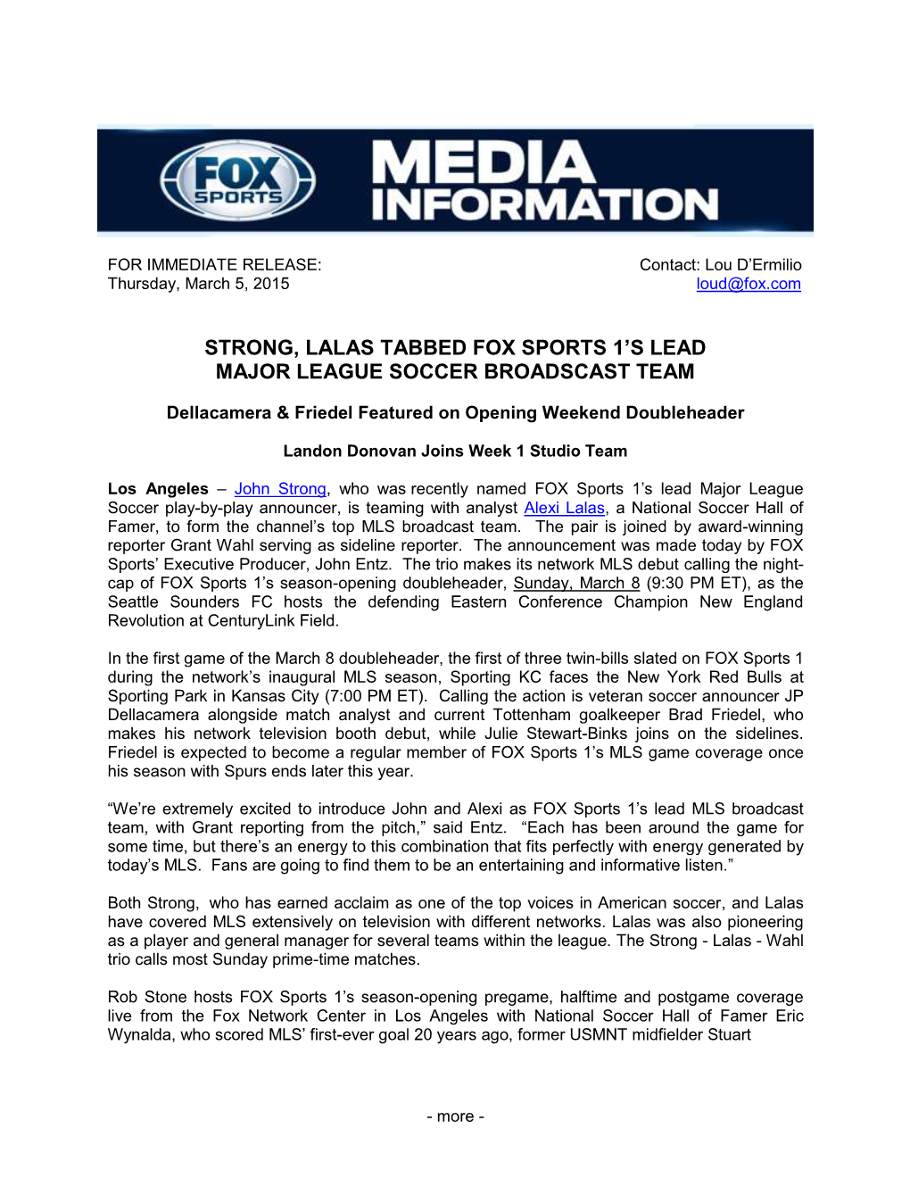 Strong, Lalas Tabbed Fox Sports 1'S Lead Major