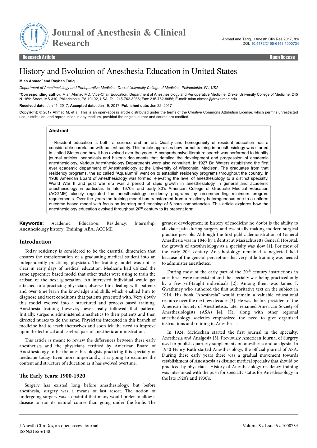 History and Evolution of Anesthesia Education in United States