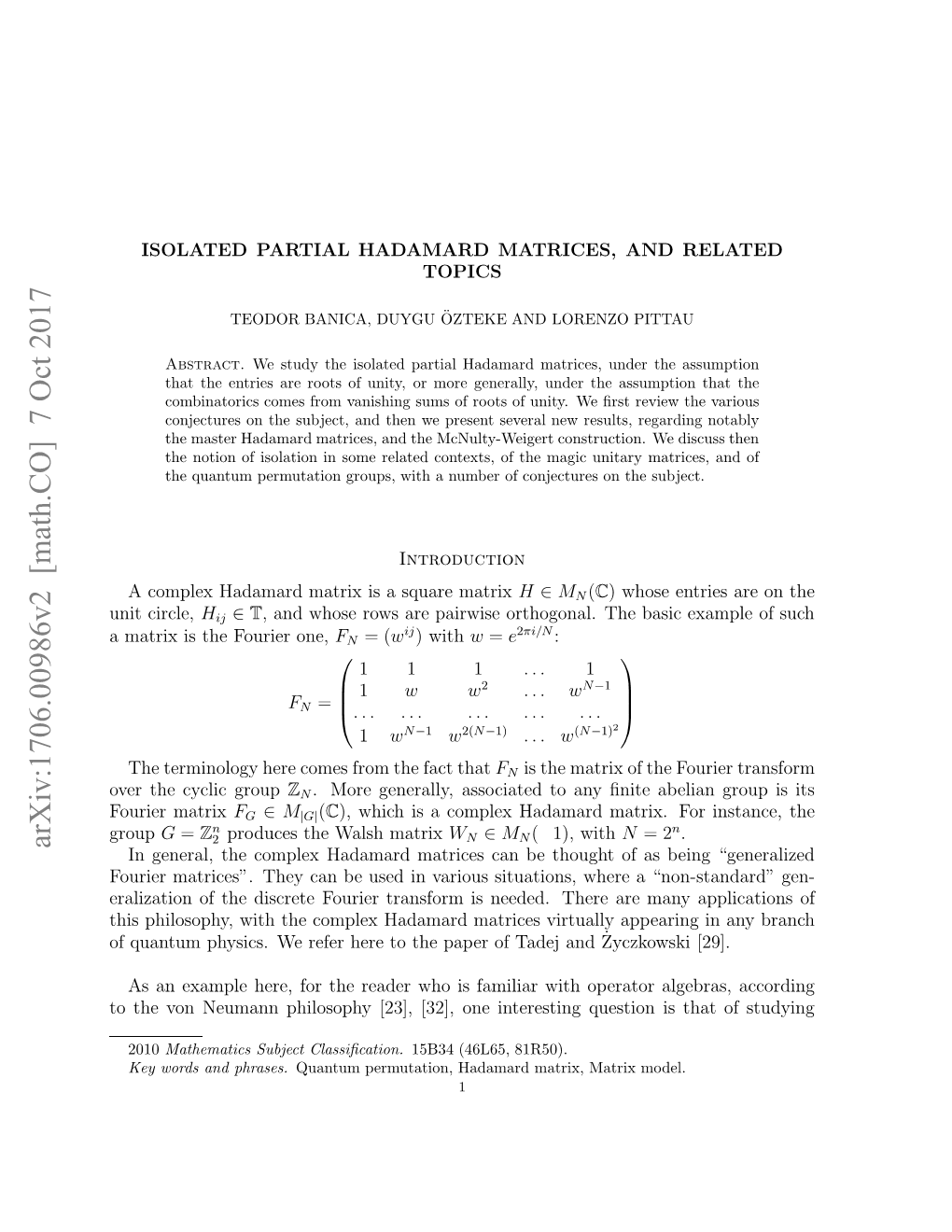 Arxiv:1706.00986V2 [Math.CO] 7 Oct 2017 Fqatmpyis Erfrhr Oteppro Ae and Tadej of Paper the to Here Appear Are Refer We Virtually There Matrices Physics