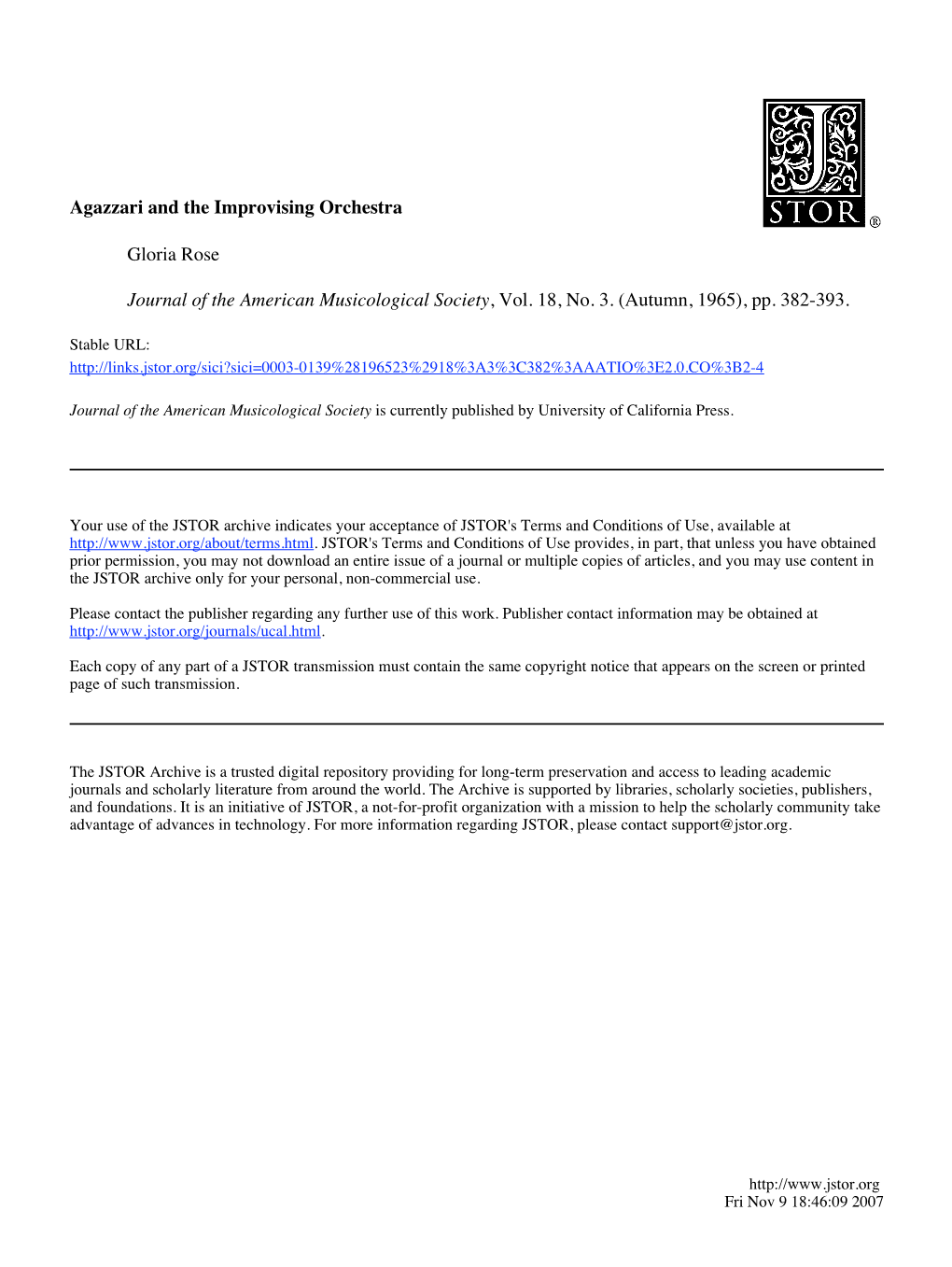 Agazzari and the Improvising Orchestra Gloria Rose Journal of the American Musicological Society, Vol