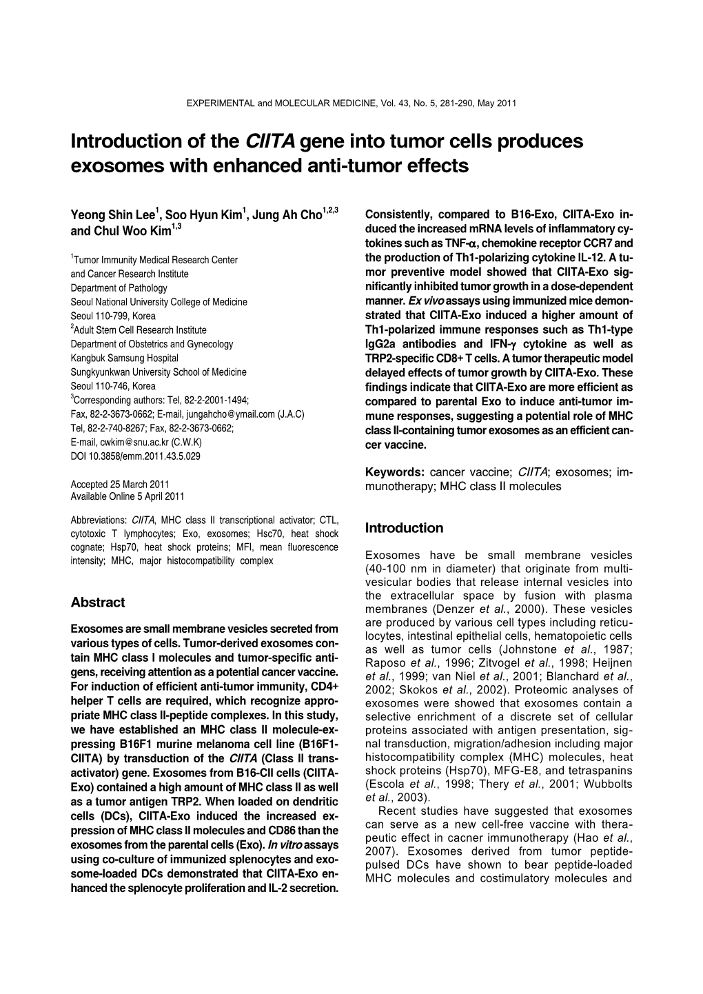 Introduction of the CIITA Gene Into Tumor Cells Produces Exosomes with Enhanced Anti-Tumor Effects