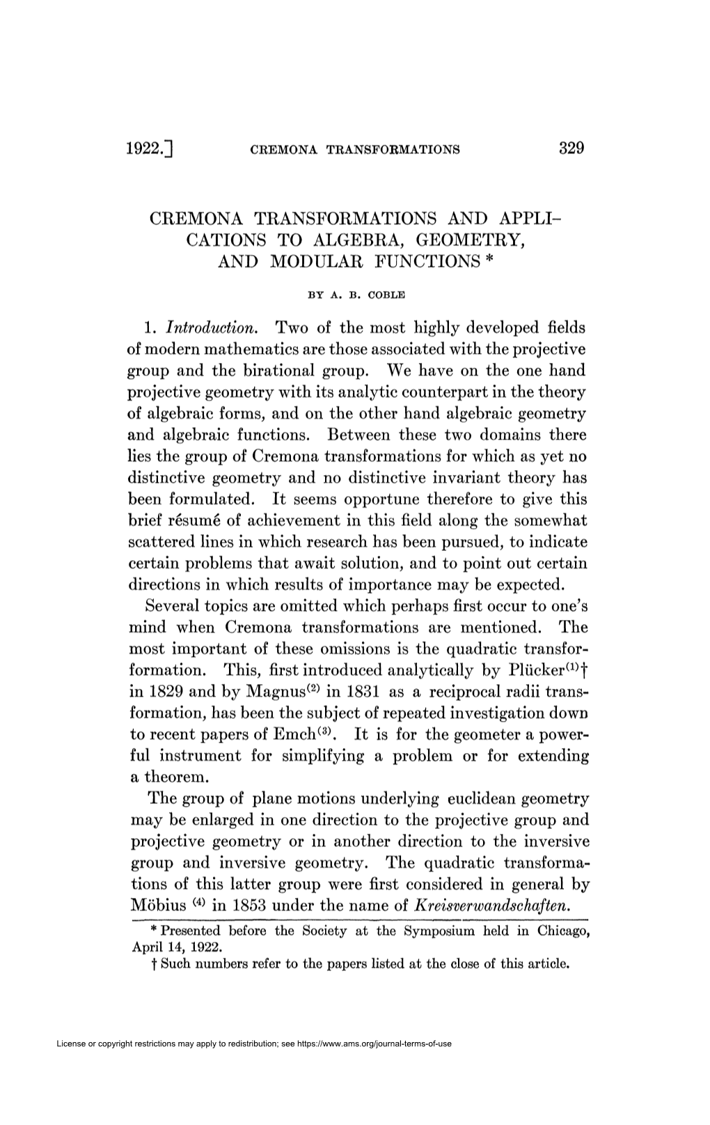 Cremona Transformations and Appli- Cations to Algebra, Geometry, And