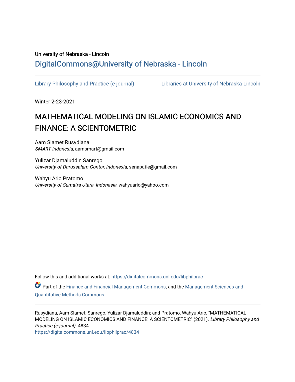 Mathematical Modeling on Islamic Economics and Finance: a Scientometric