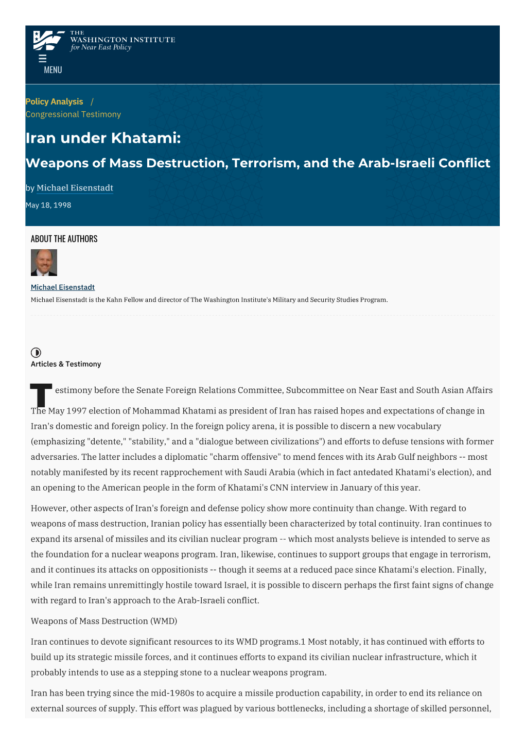 Iran Under Khatami: Weapons of Mass Destruction, Terrorism, and the Arab-Israeli Conflict by Michael Eisenstadt