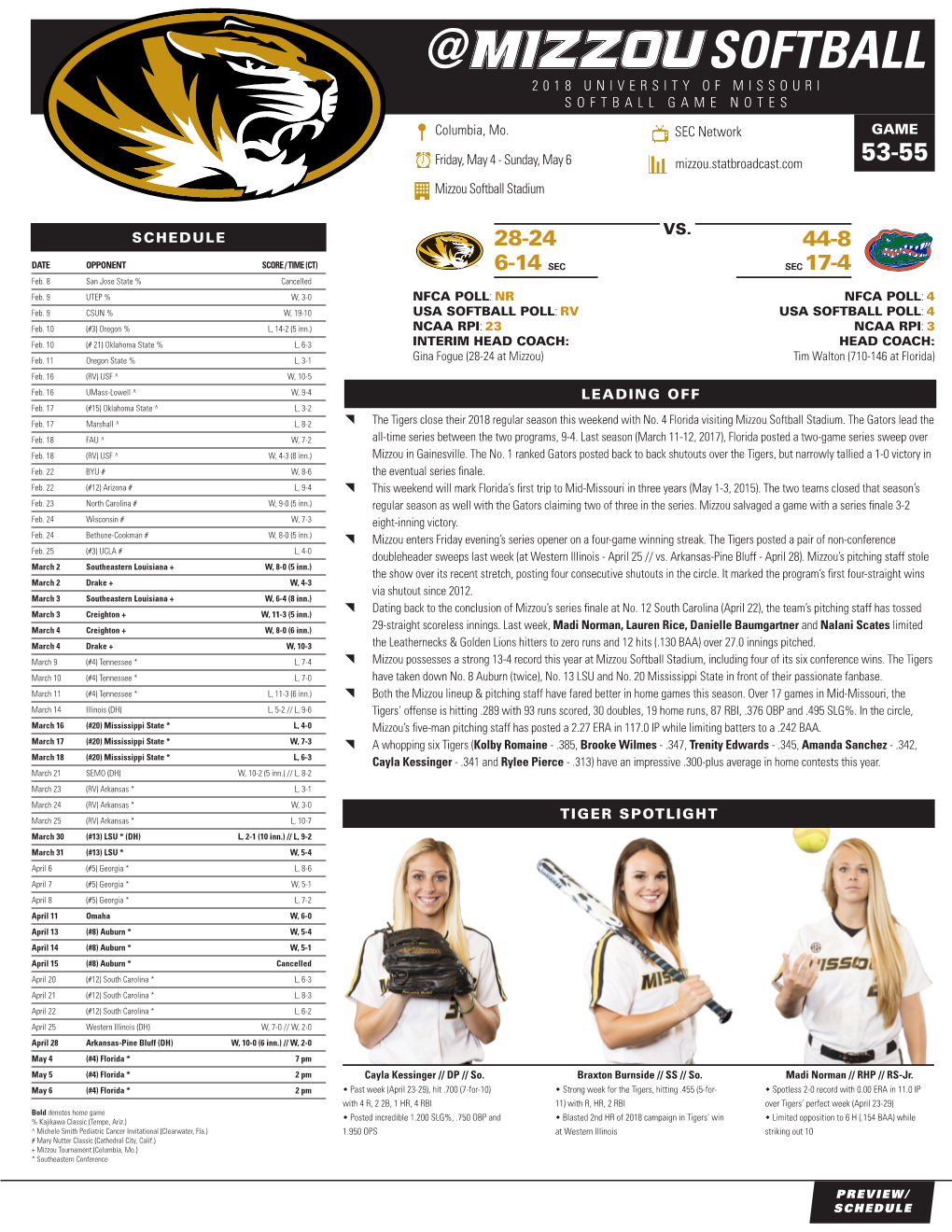 @ Softball 2018 University of Missouri Softball Game Notes