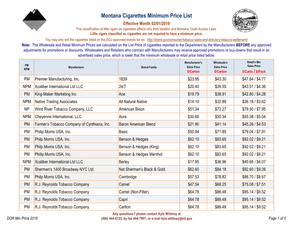 Montana Cigarettes Minimum Price List