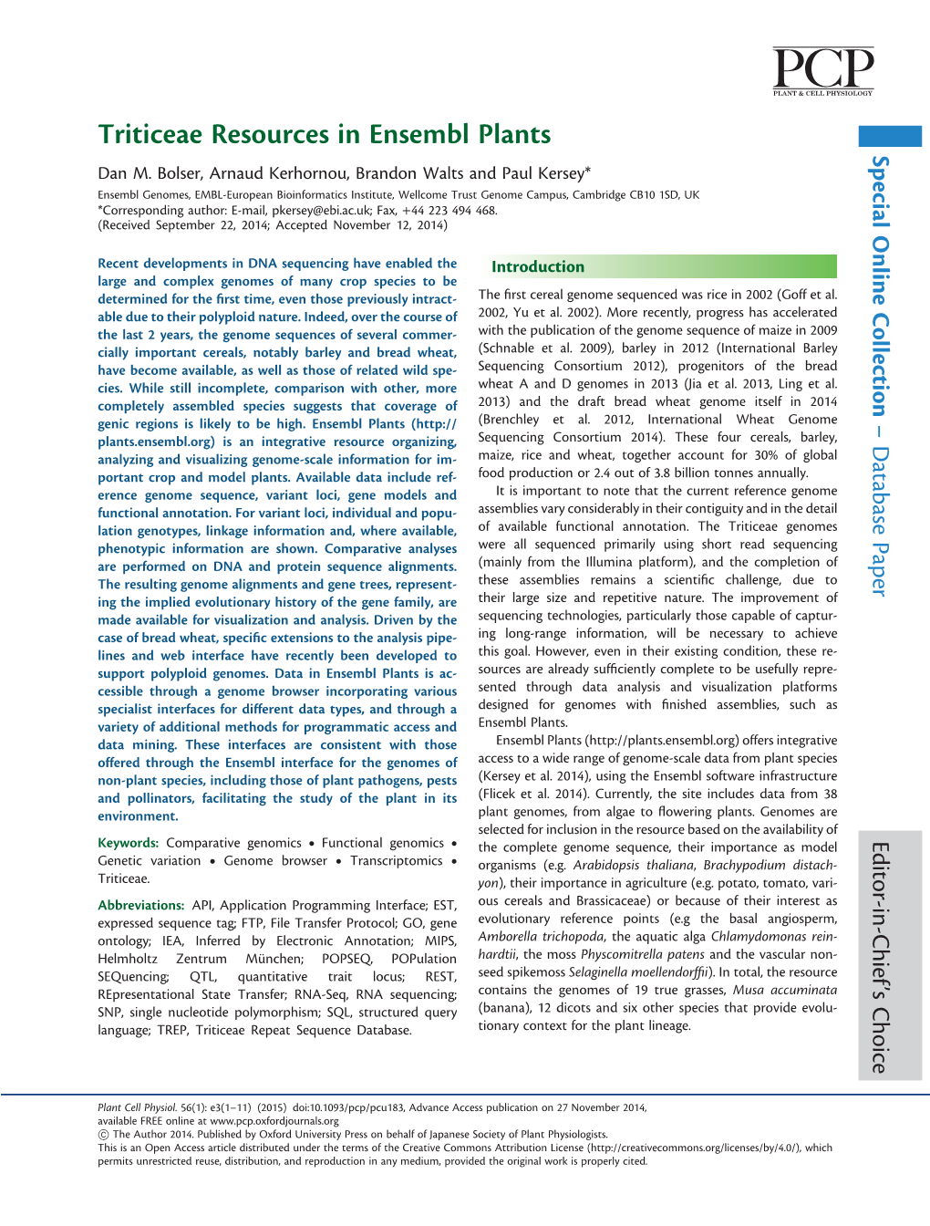 Triticeae Resources in Ensembl Plants Pca Niecollection Online Special Dan M