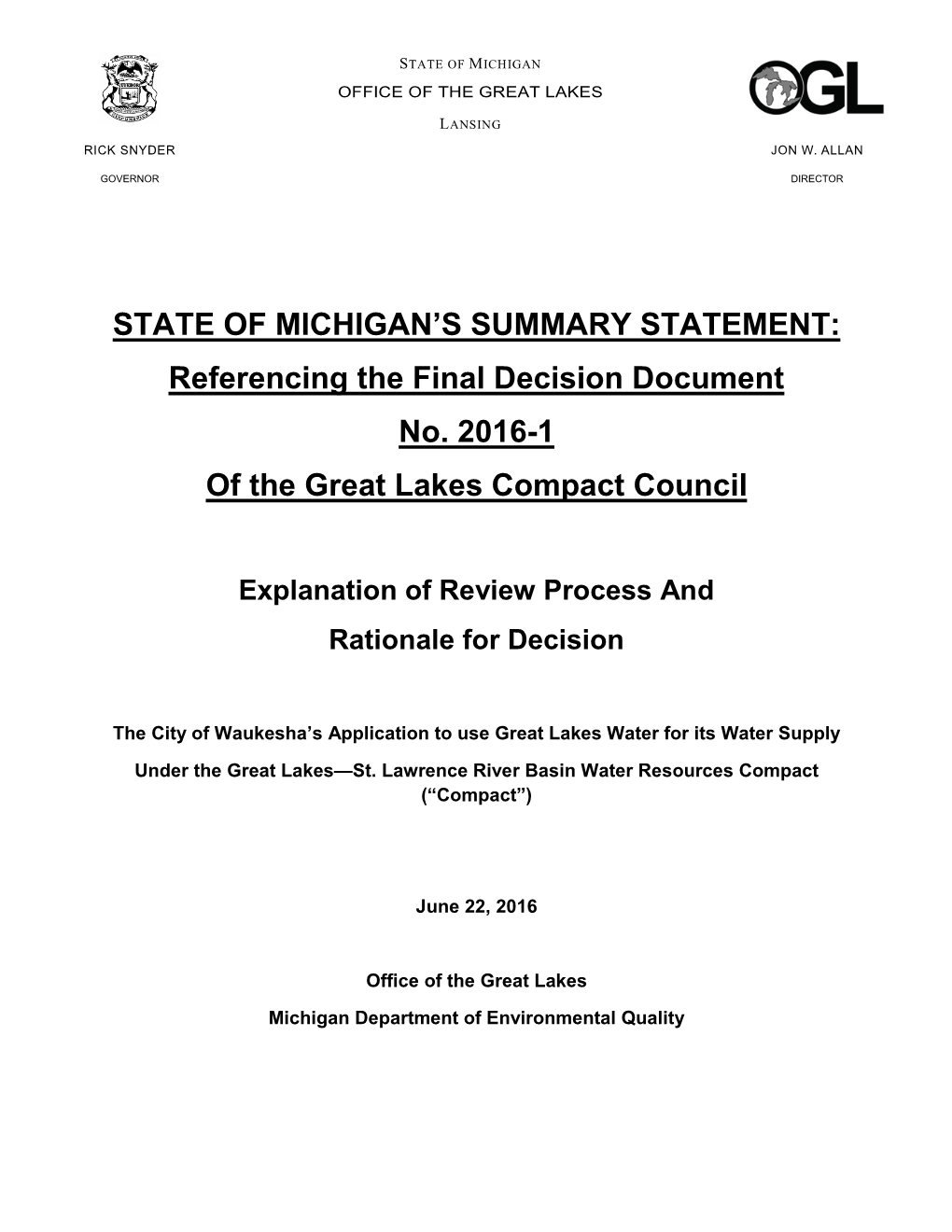 STATE of MICHIGAN's SUMMARY STATEMENT: Referencing the Final