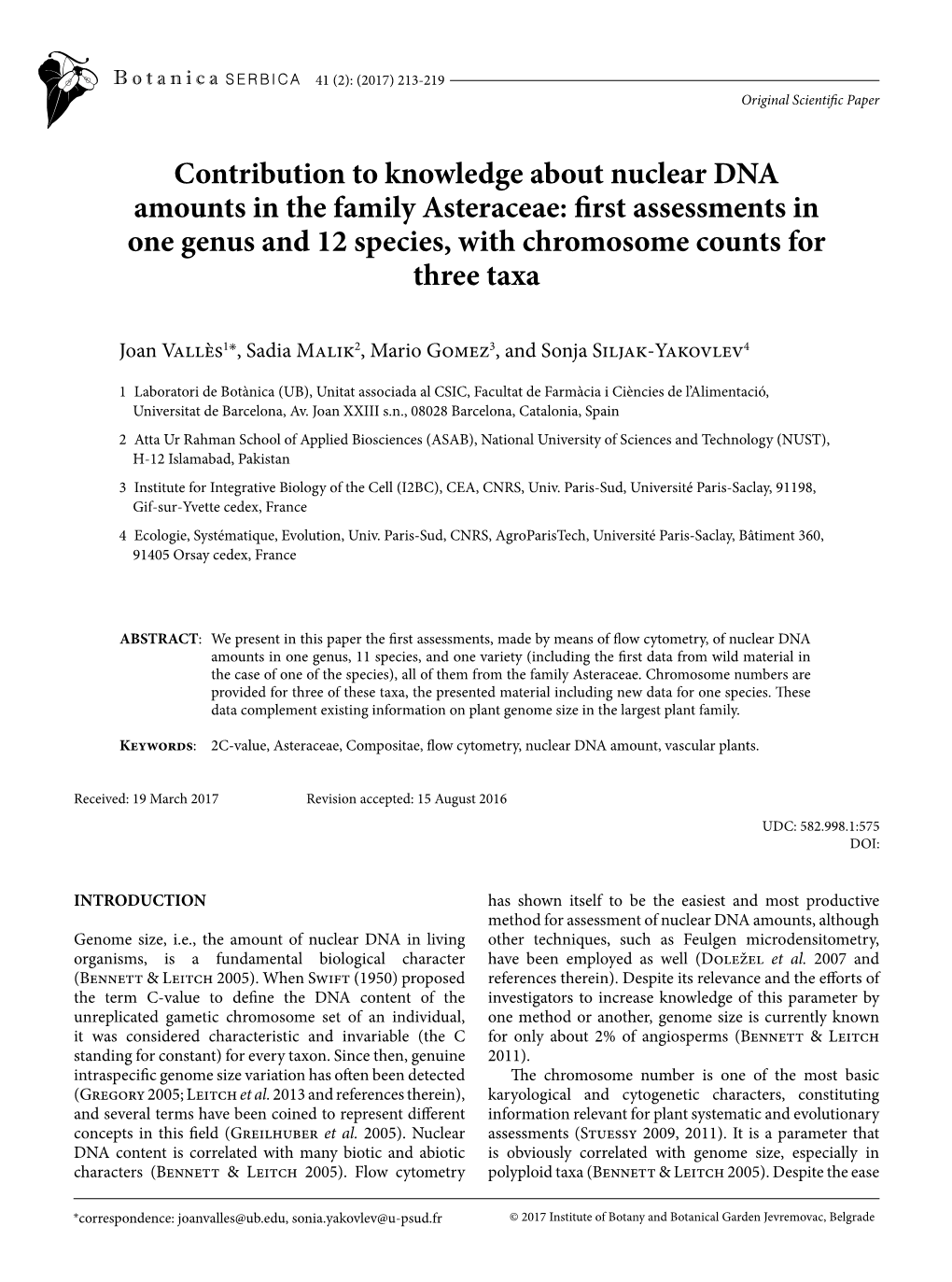 Contribution to Knowledge About Nuclear DNA Amounts in the Family Asteraceae: First Assessments in One Genus and 12 Species, with Chromosome Counts for Three Taxa