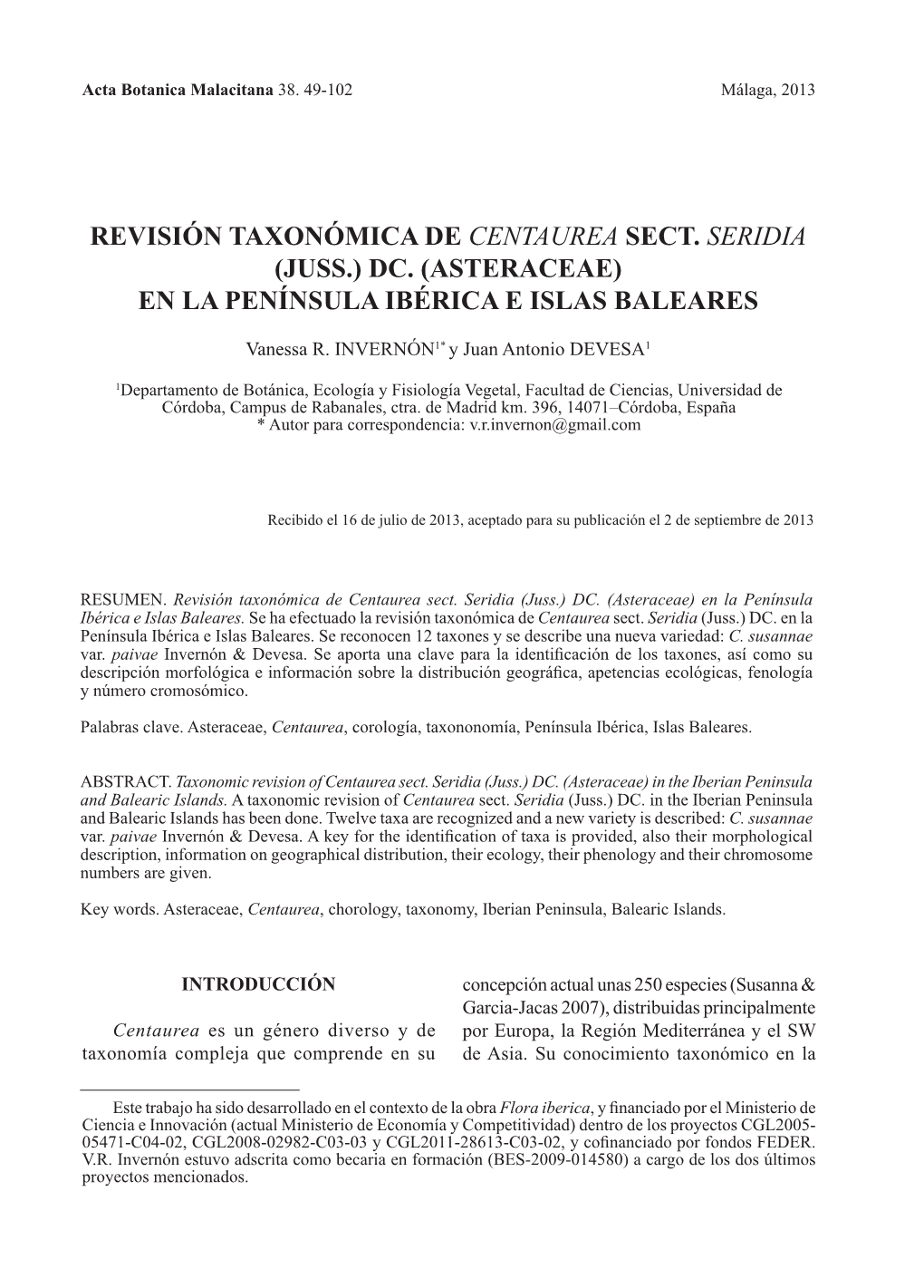 Revisión Taxonómica De Centaurea Sect. Seridia (Juss.) Dc