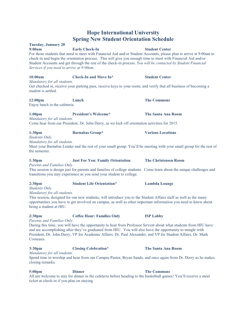 Hope International University Spring New Student Orientation Schedule