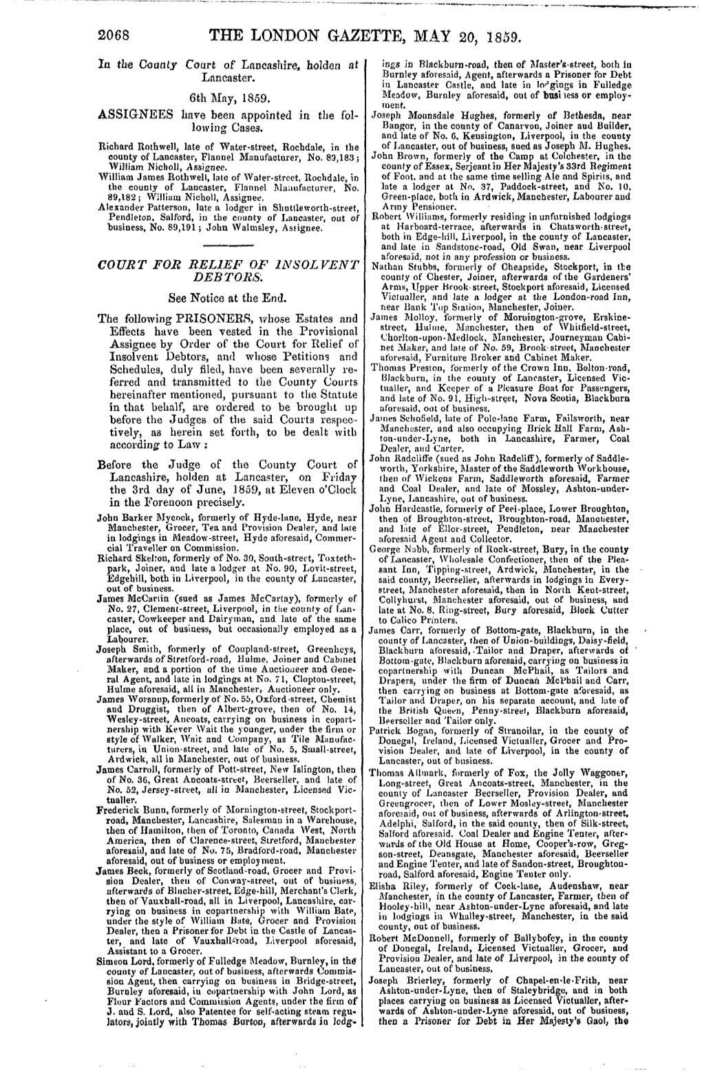 2068 the London Gazette, May 20, 1859. Court for Relief of Insolvent Debtors