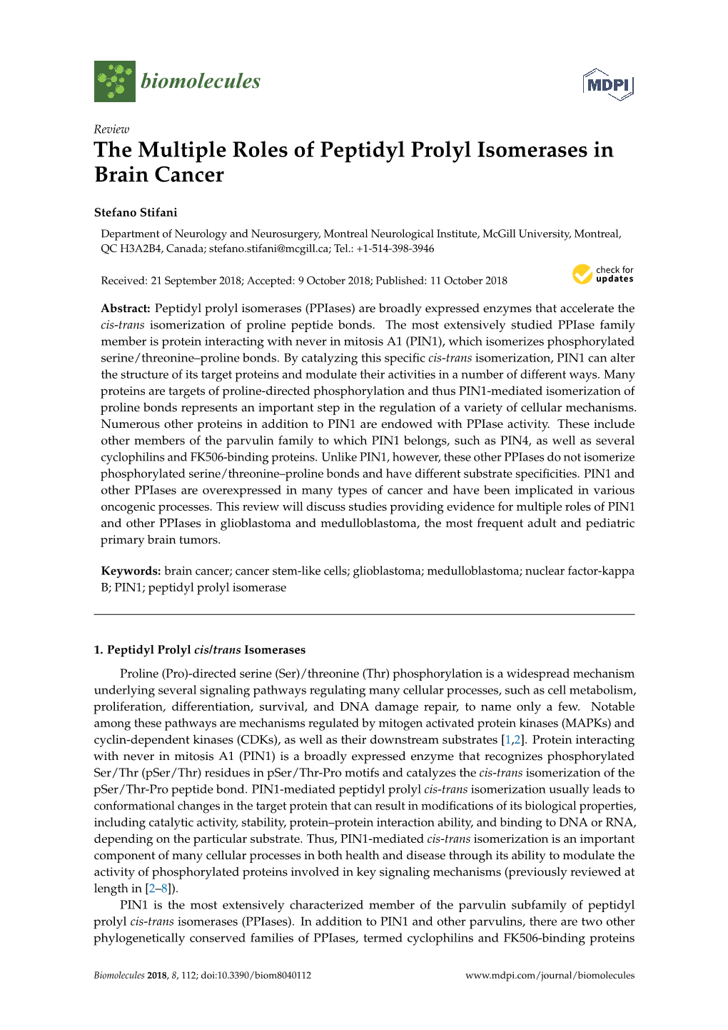 The Multiple Roles of Peptidyl Prolyl Isomerases in Brain Cancer